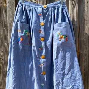 Vintage Chambray and Embroidered Button MIDI Skirt